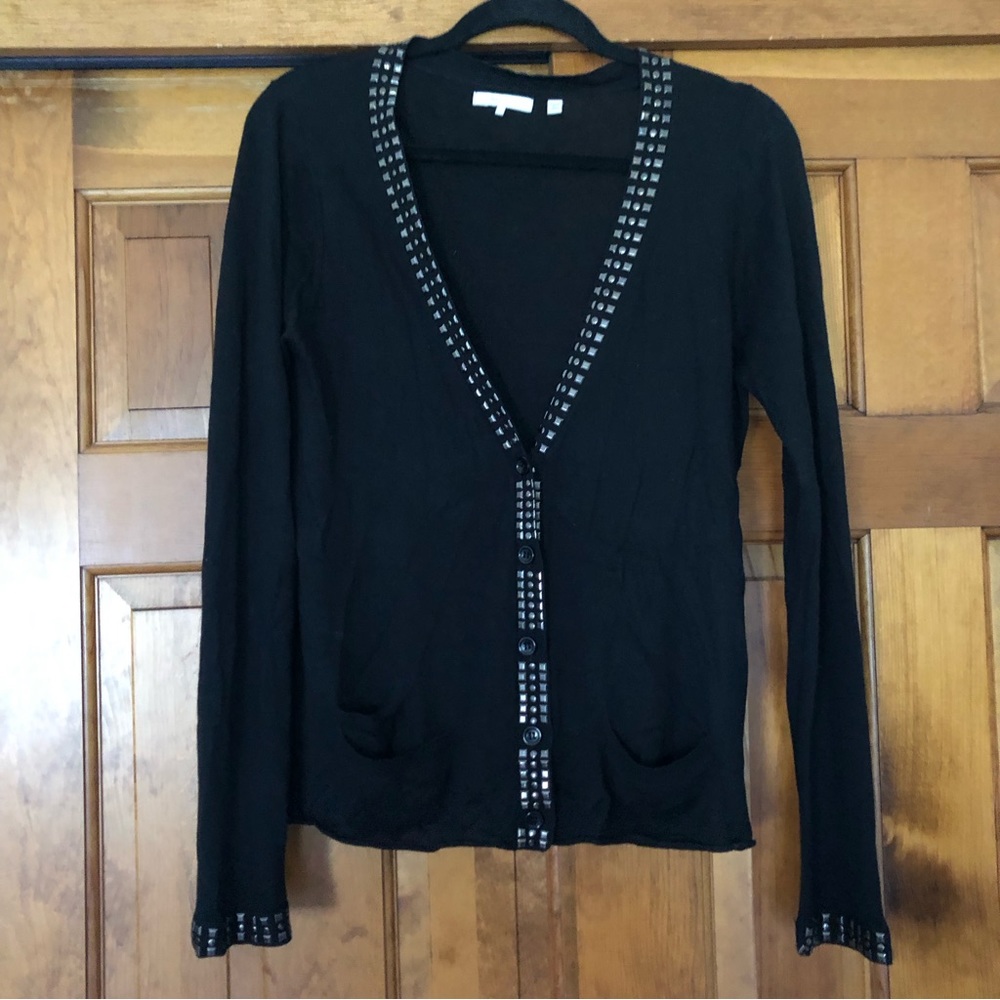 360 Cashmere Women’s Size L Black Metal Studded V-Neck Silk Cashmere Cardigan